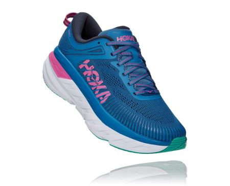 Hoka One One Bondi 7 Dama - Adidasi Alergare Largi Albastri / Roz | RO-4fnEZlW